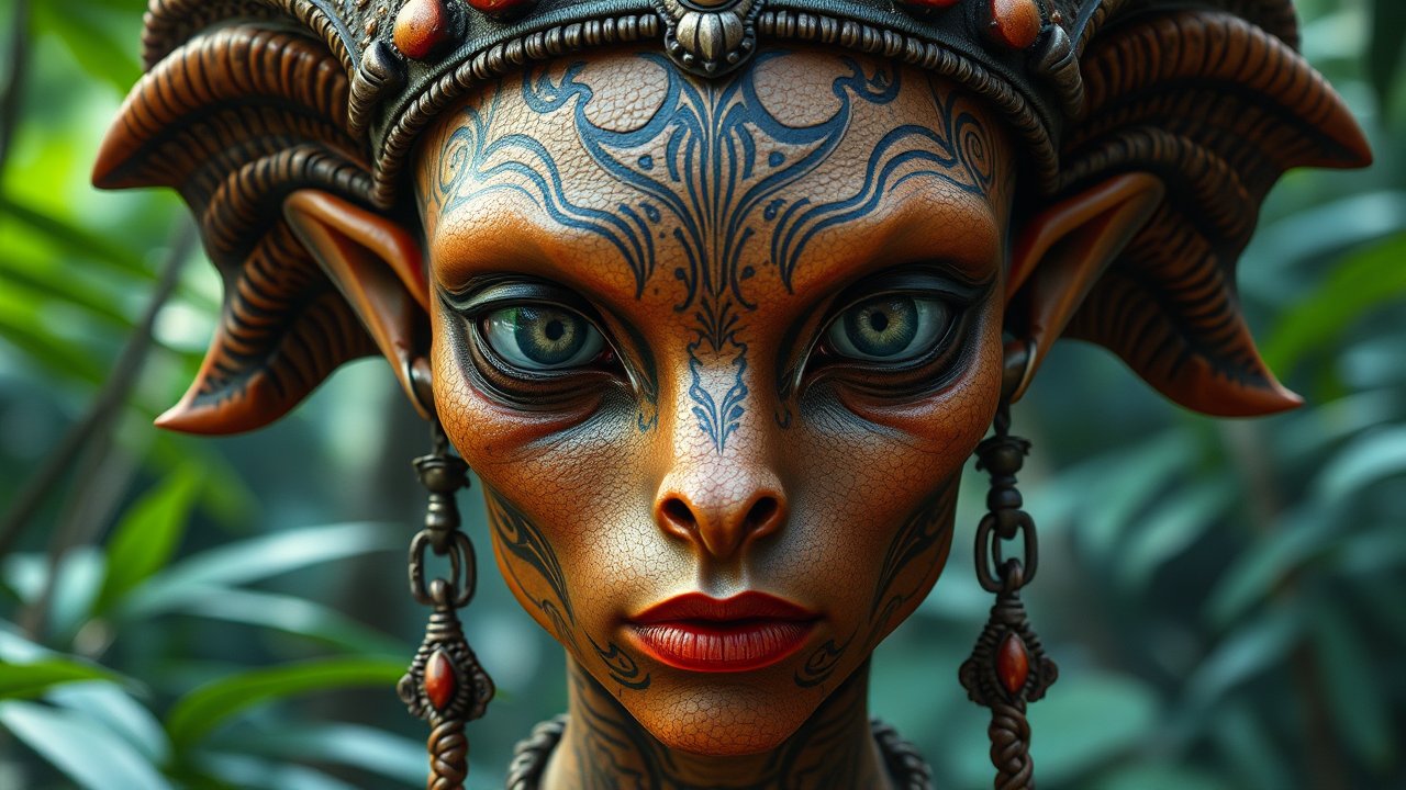Hyperrealistic Portrait of a Mystical Tribal Alien Woman