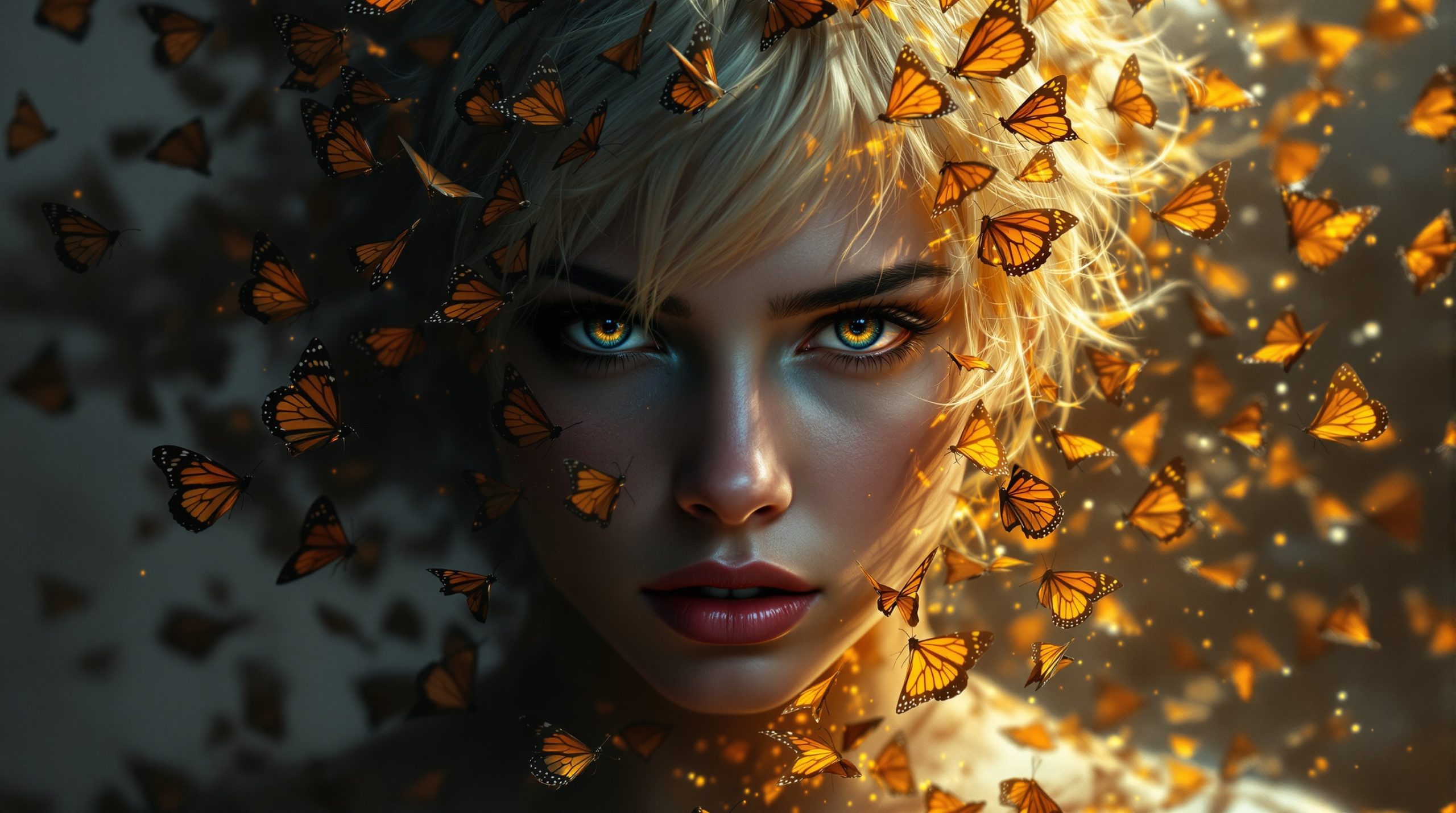 Hyperrealistic Portrait of Woman Surrounded by Monarch Butterflies