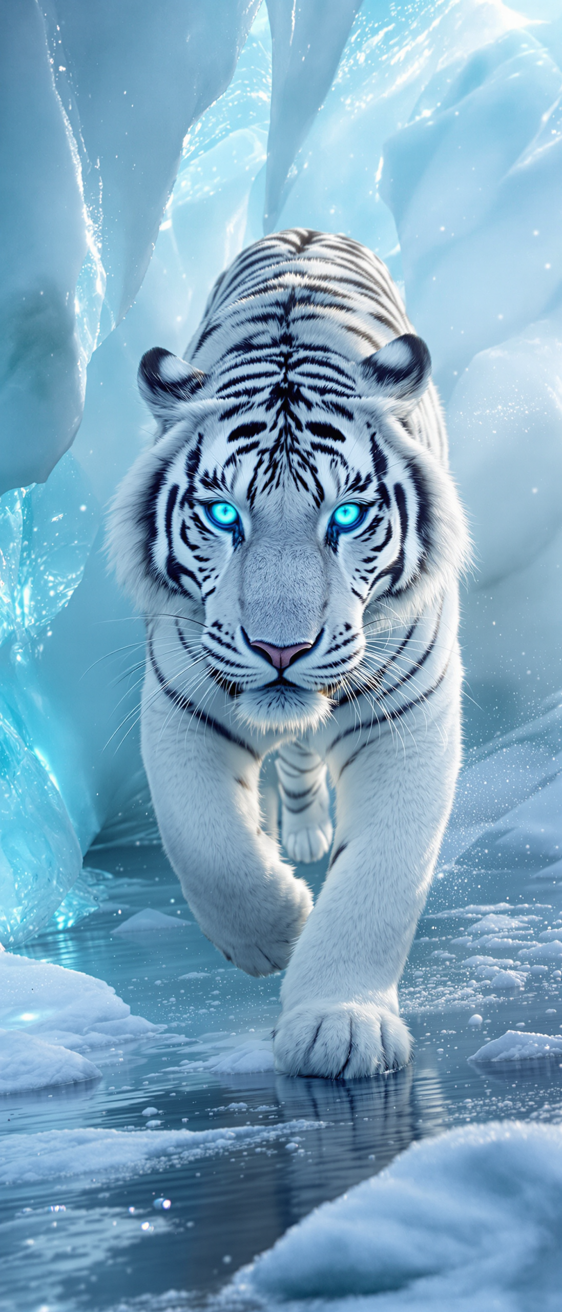 Hyperrealistic White Tiger with Glowing Blue Eyes in Ice Cave