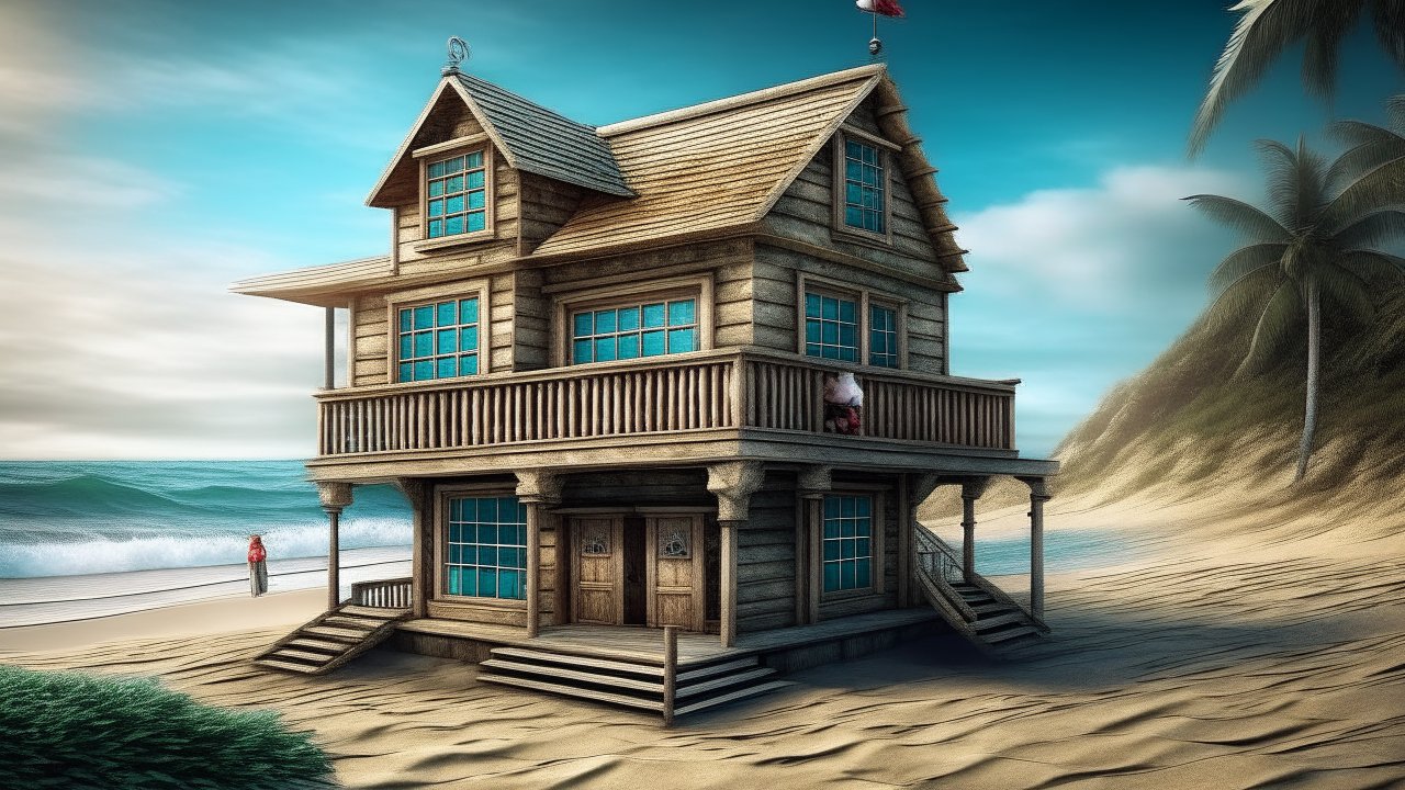 Hyperrealistic Wooden Beach House on Sandy Shore