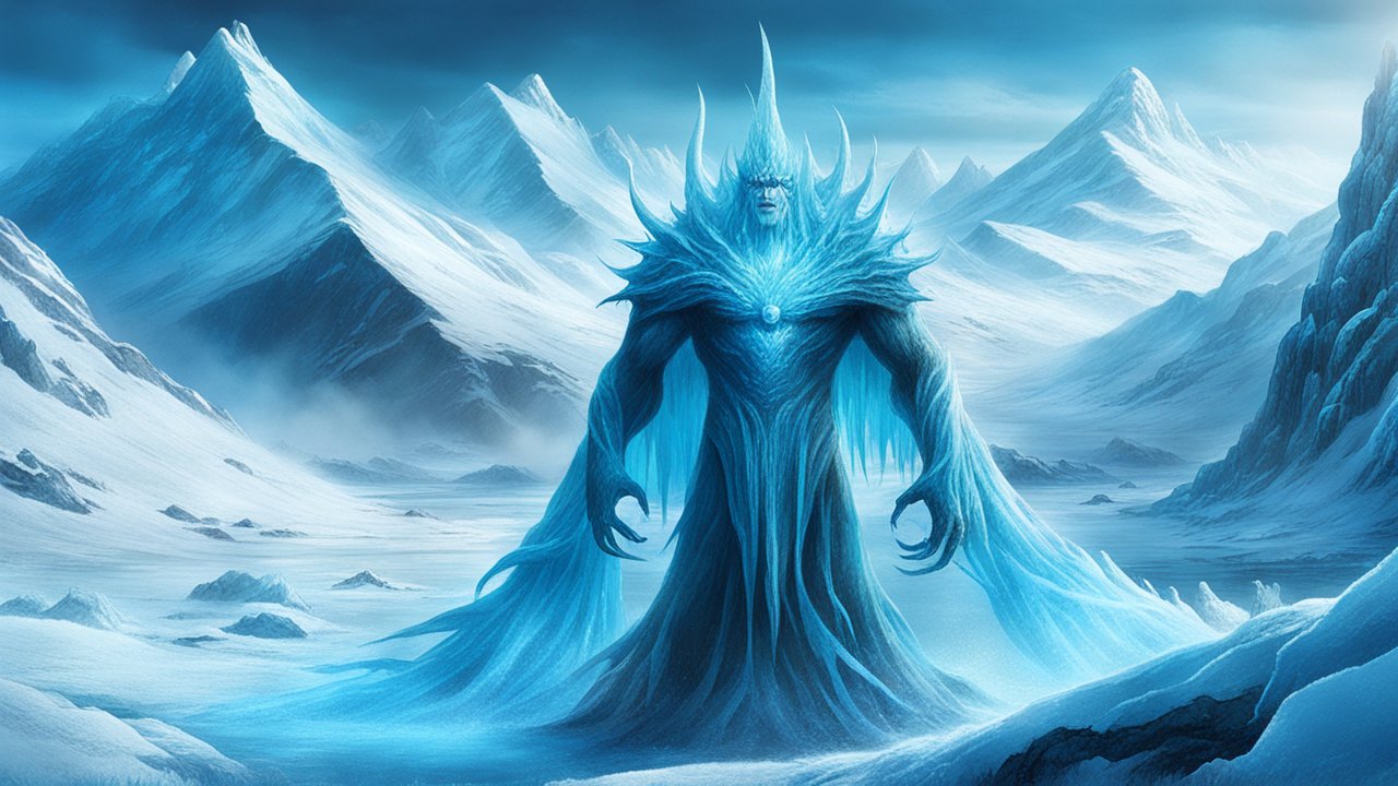 Ice Giant in Frozen Mountain Landscape