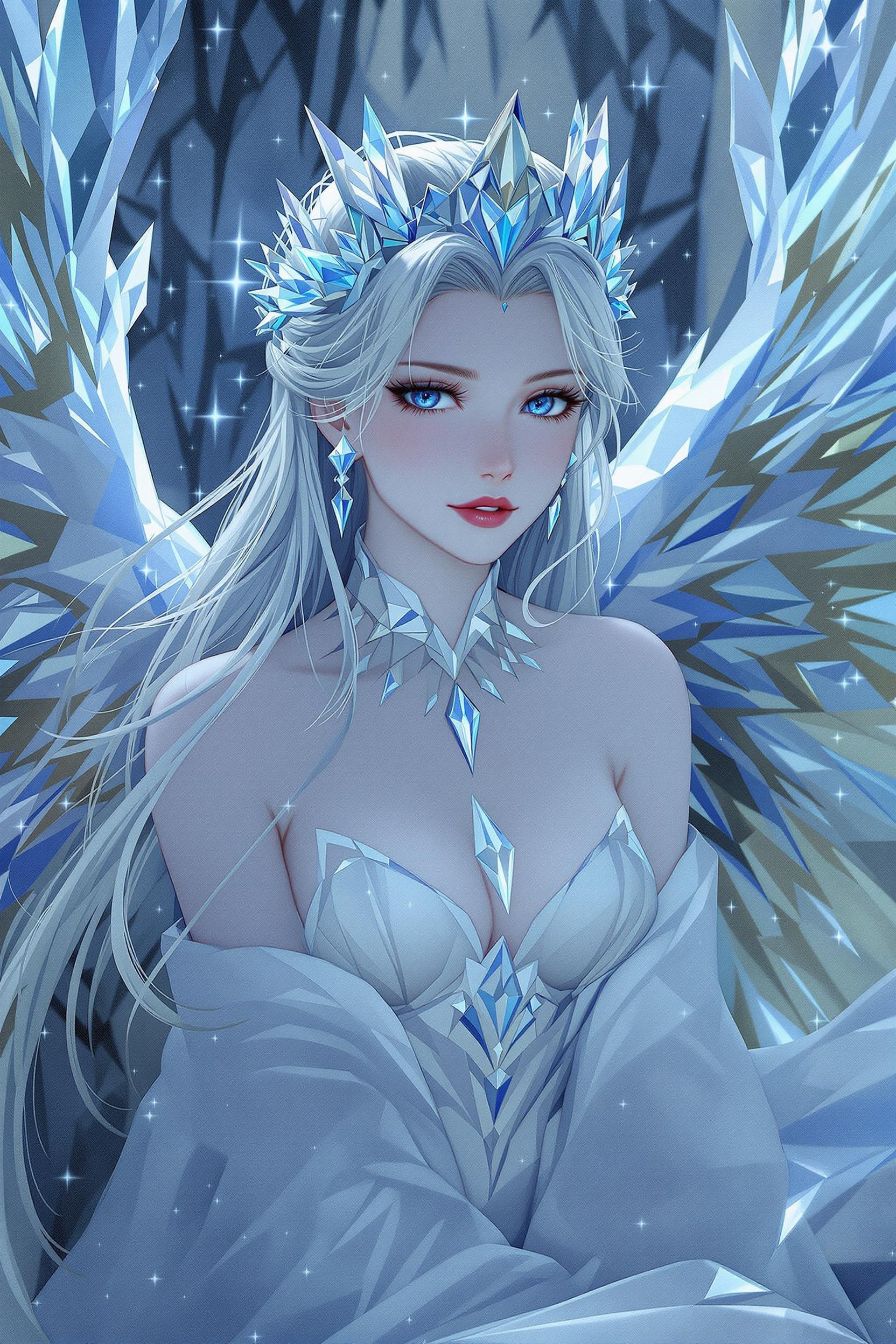 Ice Queen Waifu with Crystal Wings in Anime Style