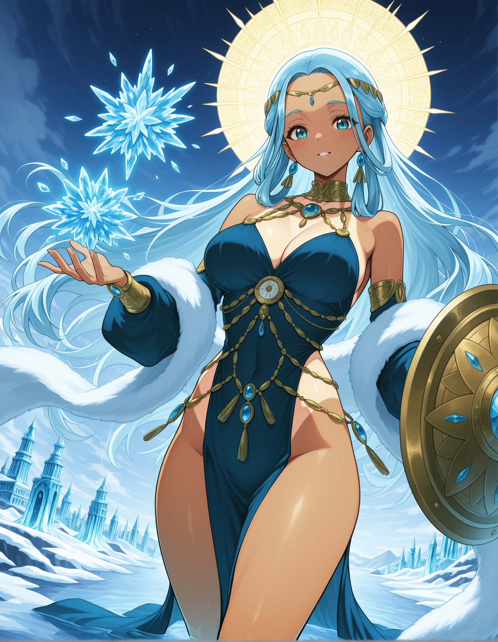 Ice Sorceress in Elegant Blue Gown with Magical Snowflakes