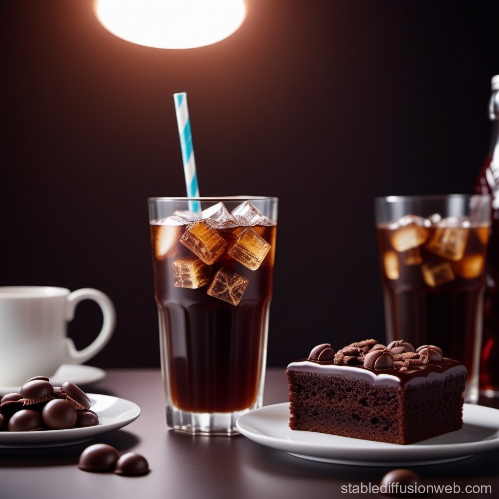 Iced Coffee with Chocolate Cake and Chocolates on Table