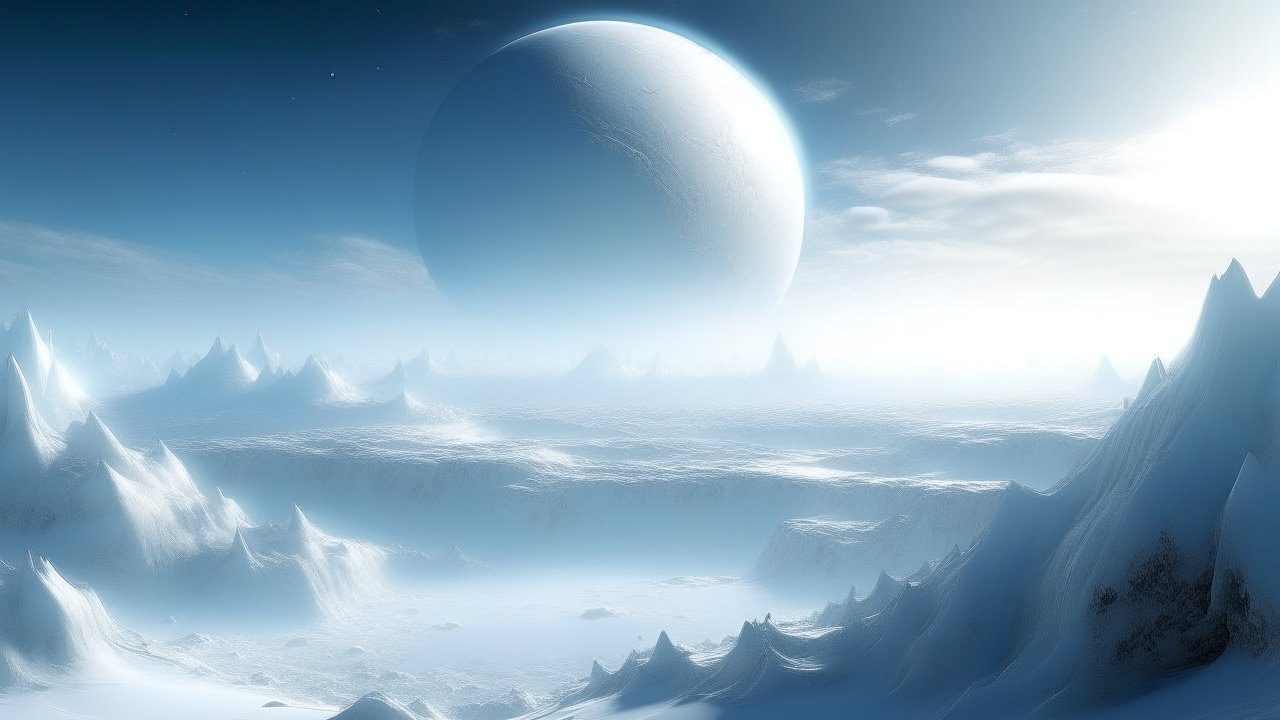 Icy Alien Landscape with a Massive White Planet