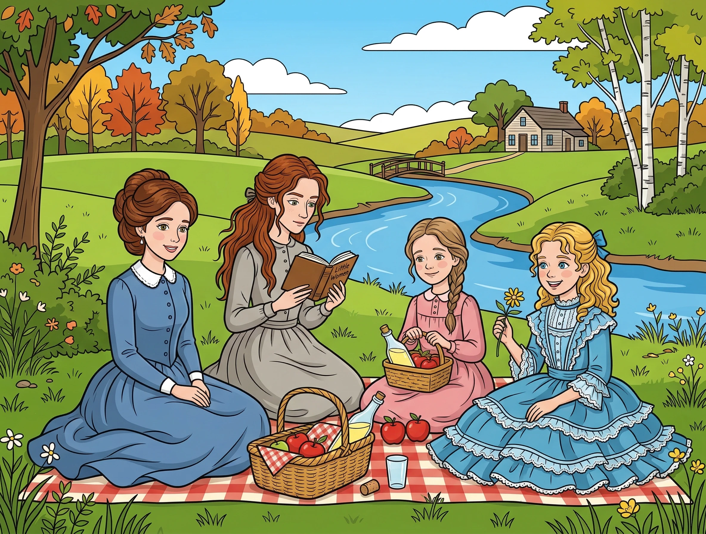 Idyllic 1860s Sisters Picnic by the River