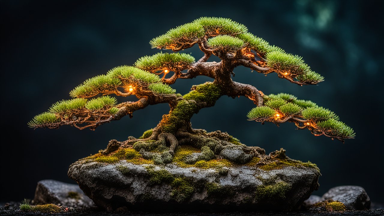 Illuminated Bonsai Tree on Mossy Rock