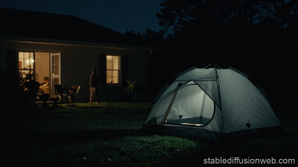 Illuminated Camping Tent at Night in Backyard