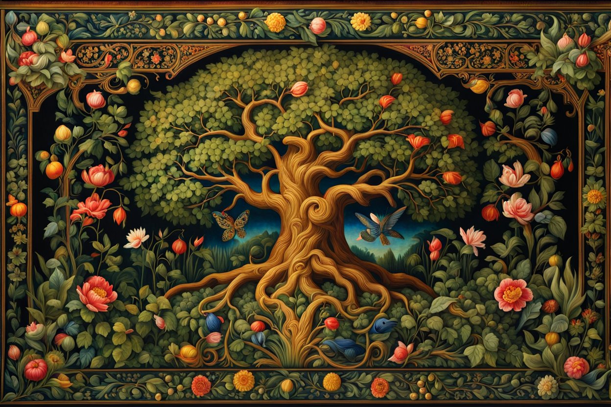 Illuminated Manuscript Style Tree of Life with Floral Border