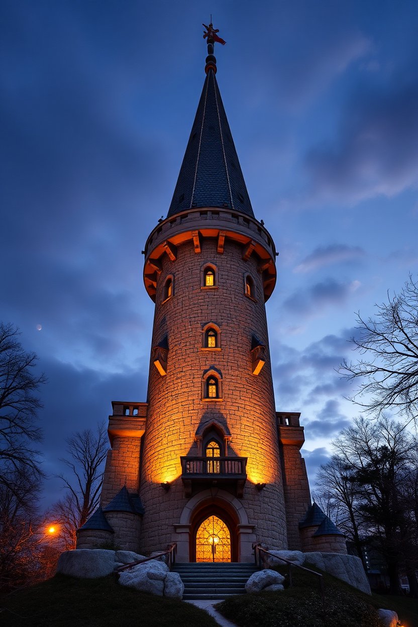 Illuminated Medieval Stone Tower at Twilight