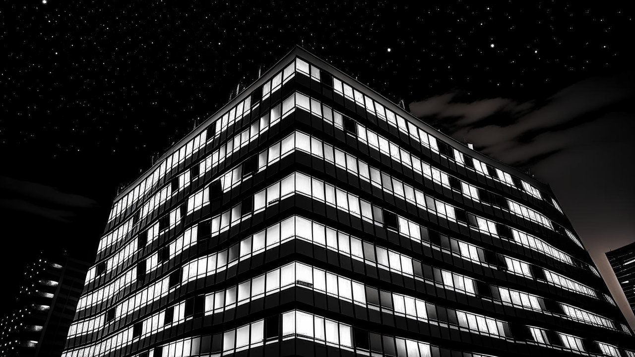 Illuminated Office Building at Night Under Starry Sky