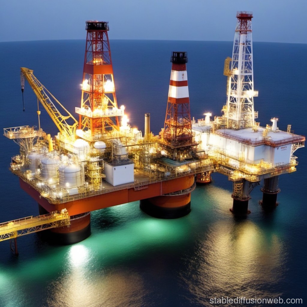 Illuminated Offshore Oil Rig at Dusk