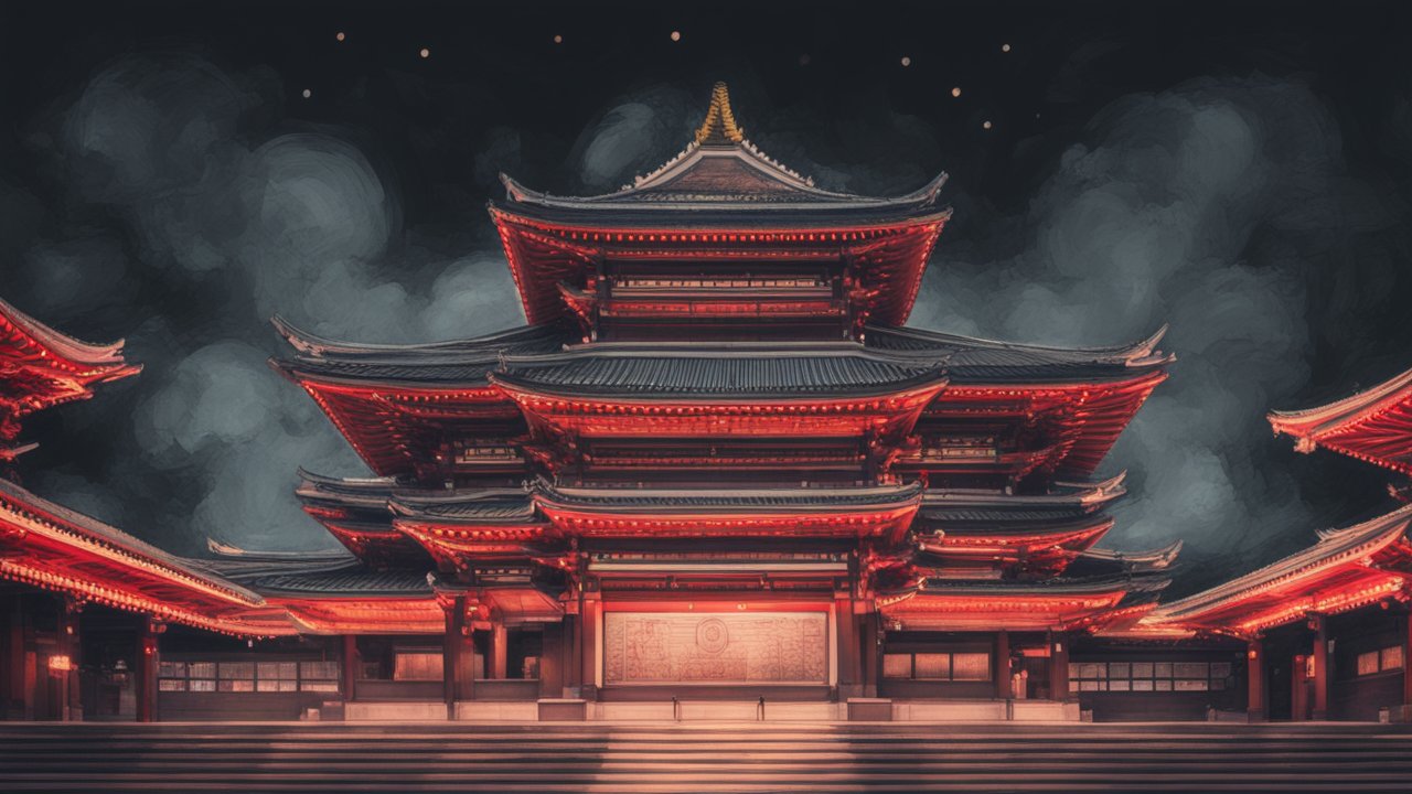 Illuminated Traditional Asian Temple at Night
