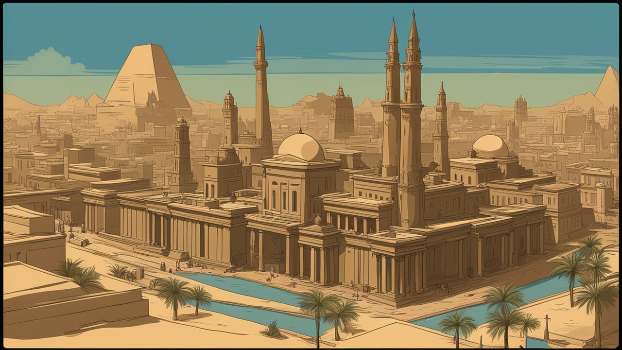 Illustrated Ancient Cairo Cityscape with Pyramids