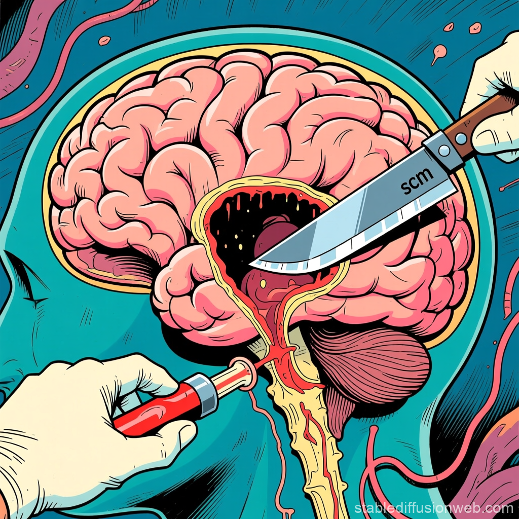 Illustrated Cerebral Cavity Necropsy with Surgical Tools