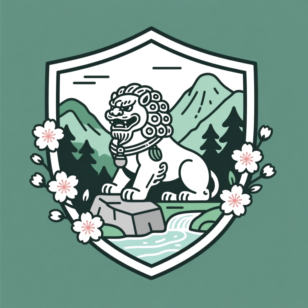 Illustrated Guardian Lion with Mountain Landscape and Cherry Blossoms