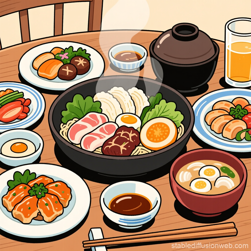 Illustrated Japanese Meal Spread with Ramen and Side Dishes