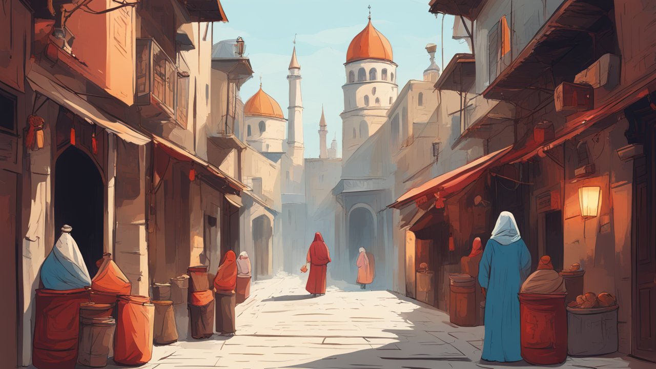 Illustrated Middle Eastern Alley with Market Stalls and Domed Towers