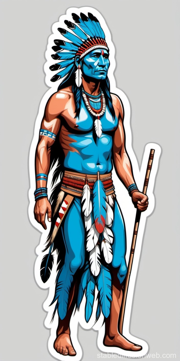 Illustrated Native American Warrior in Blue Body Paint
