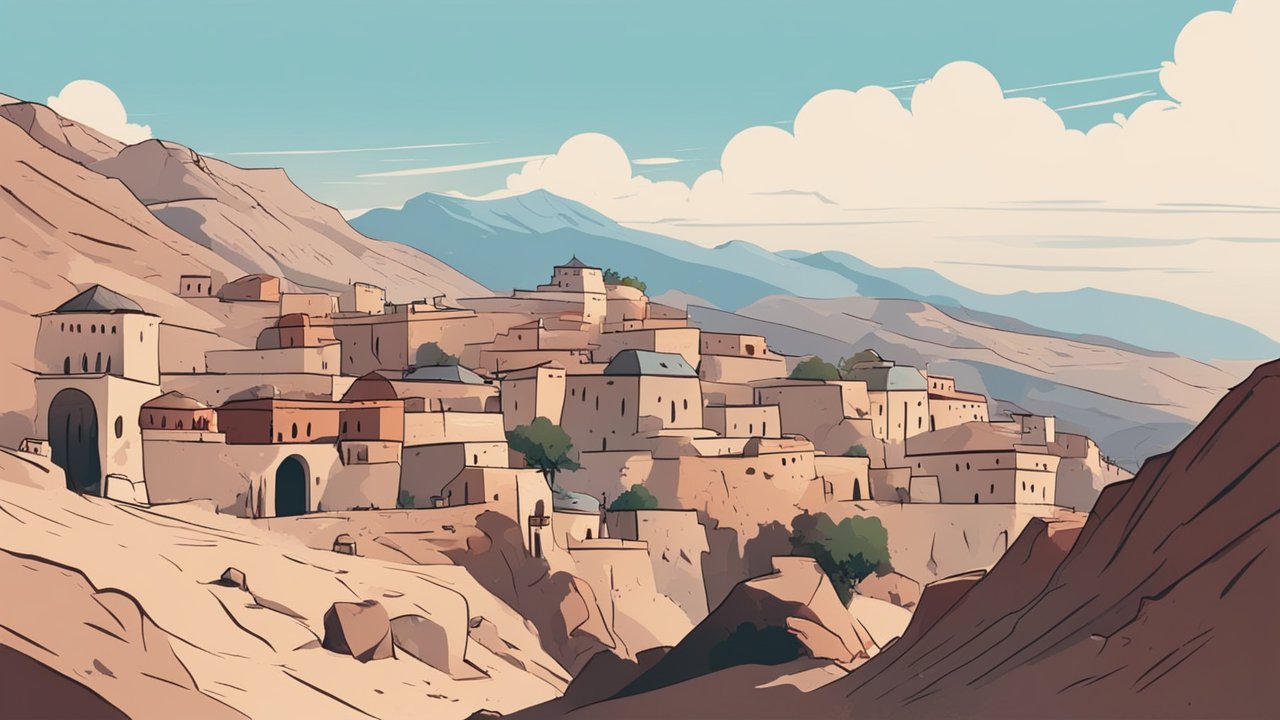 Illustrated Old Mountain Town with Desert Landscape