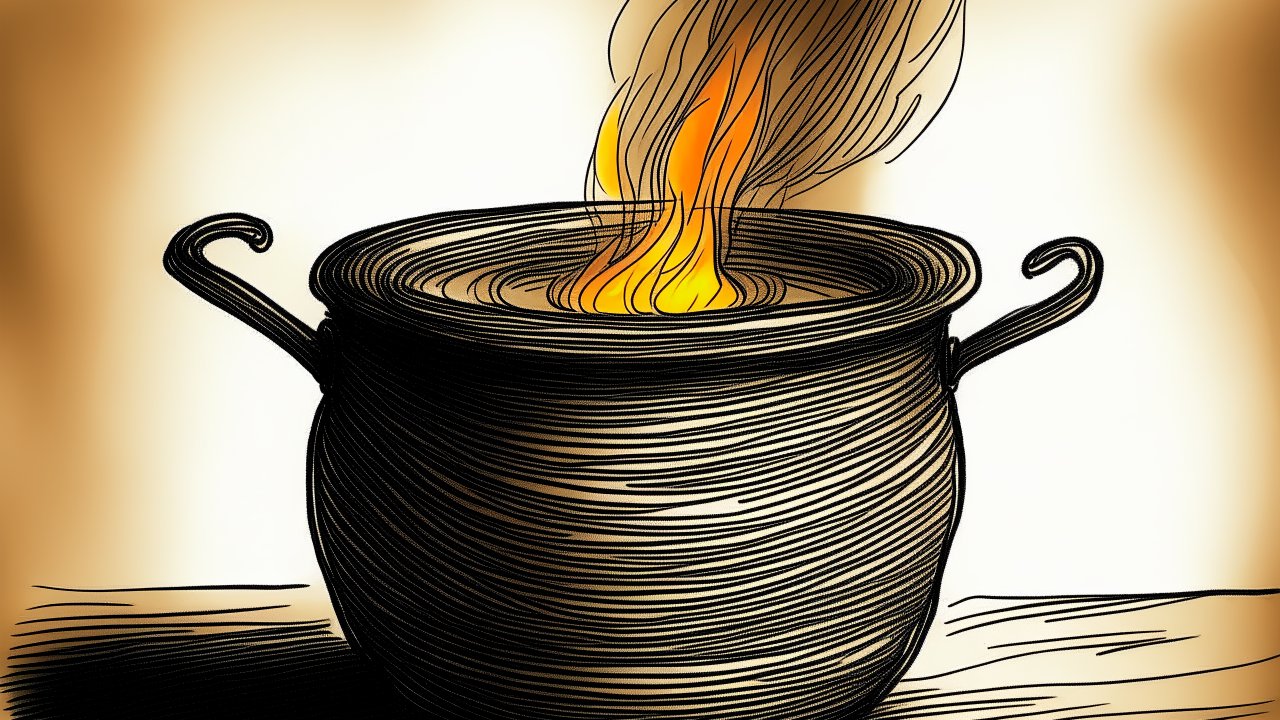 Illustrated Pot with Flames Rising
