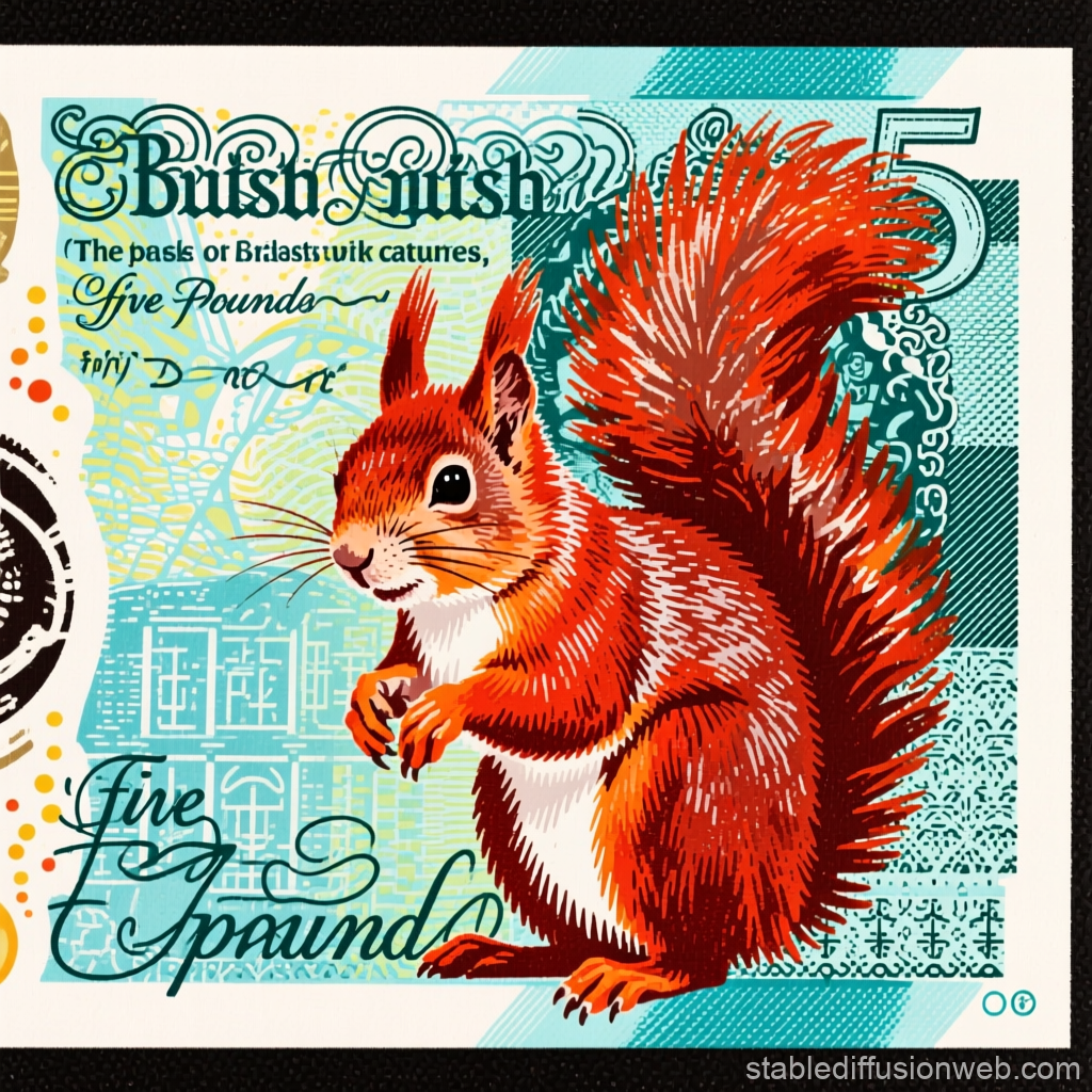 Illustrated Red Squirrel on Stylized Five Pounds Note