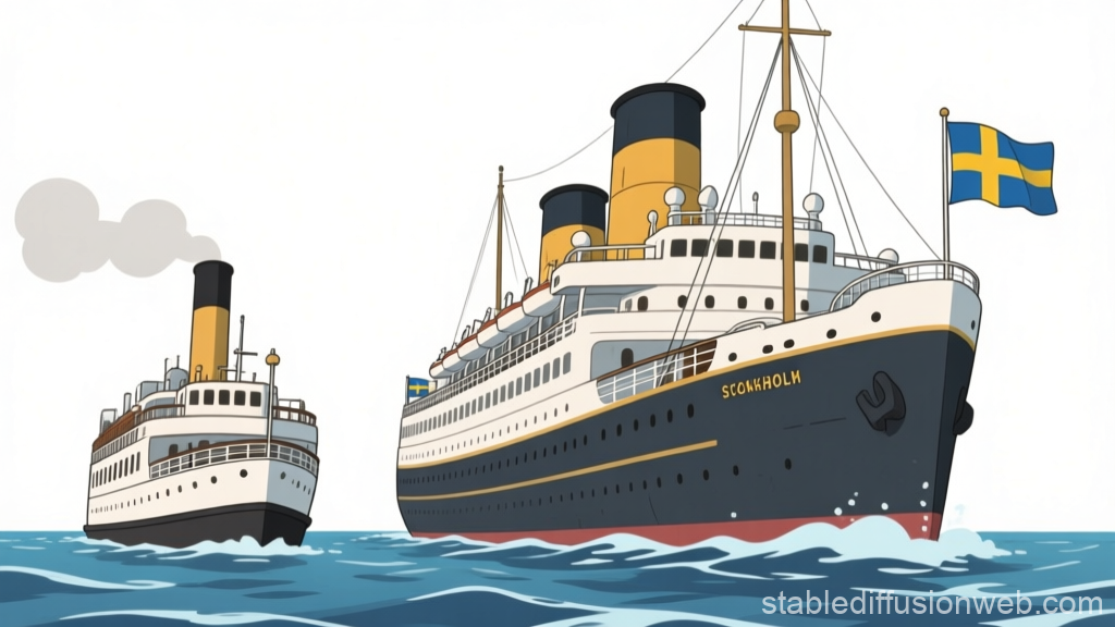Illustrated Stockholm Liners Sailing with Swedish Flags