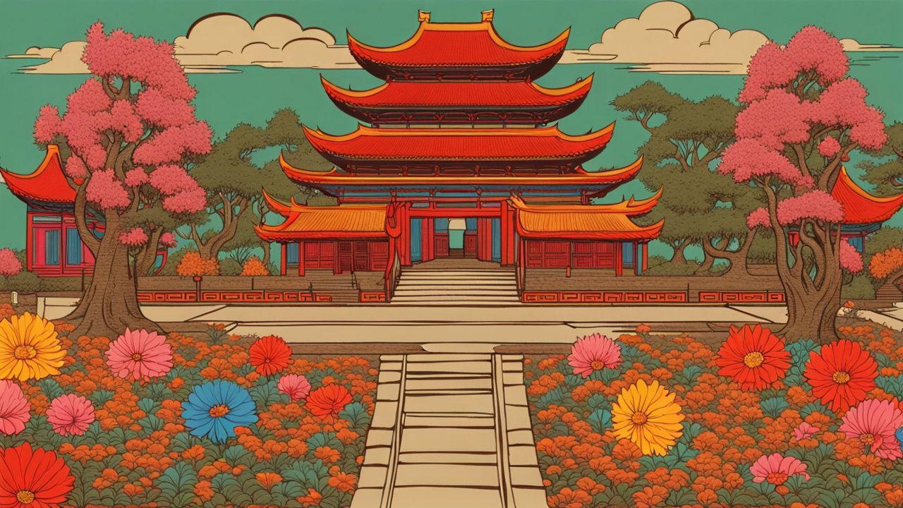 Illustrated Traditional Asian Temple with Vibrant Garden