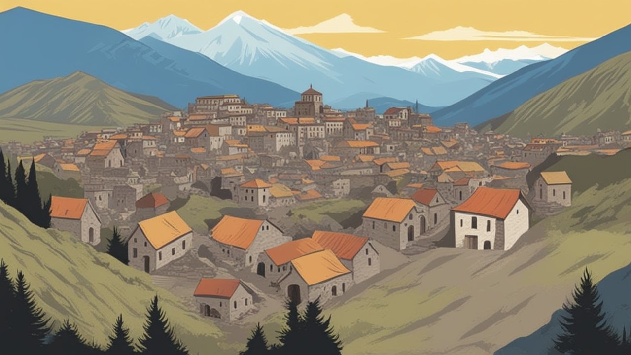 Illustrated View of Bitlis Old City with Mountain Backdrop