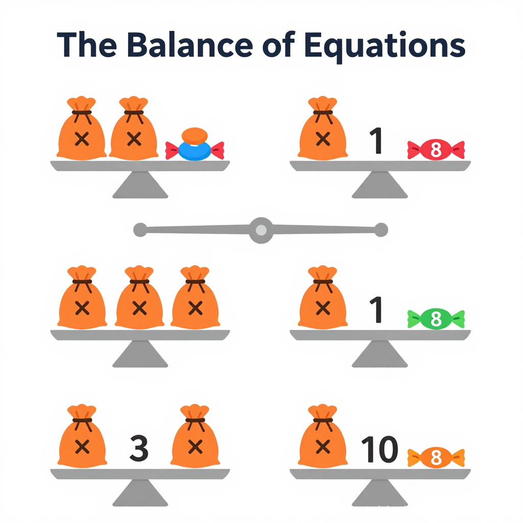 Illustration Explaining the Balance of Equations with Bags and Candies