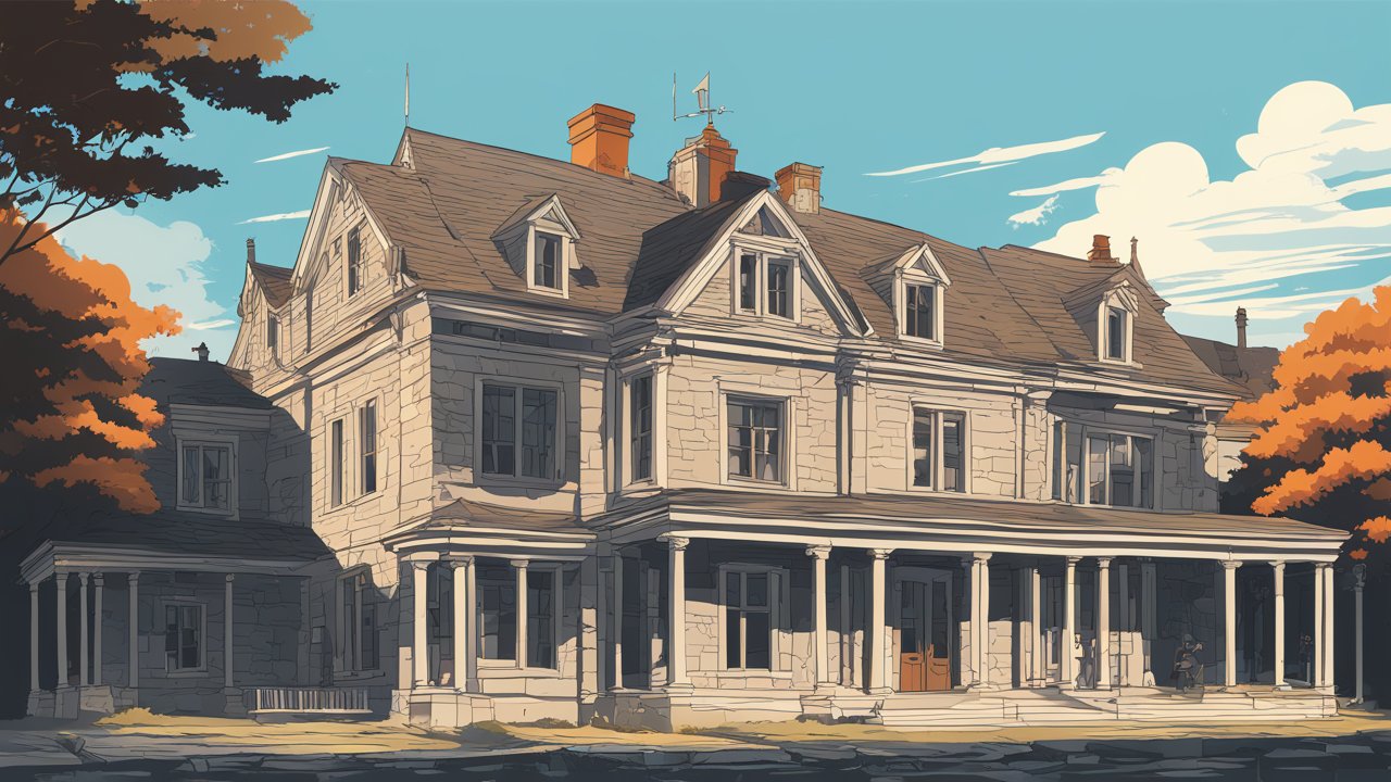 Illustration of a Large Stone House with Autumn Trees