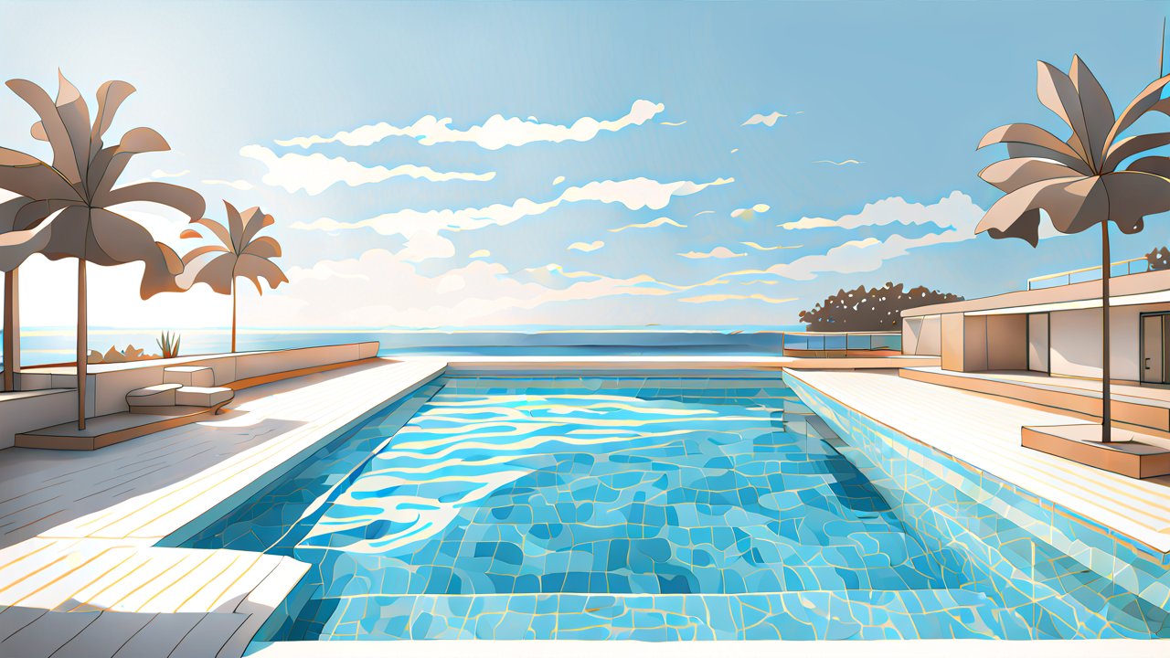 Illustration of a Modern Swimming Pool with Ocean View