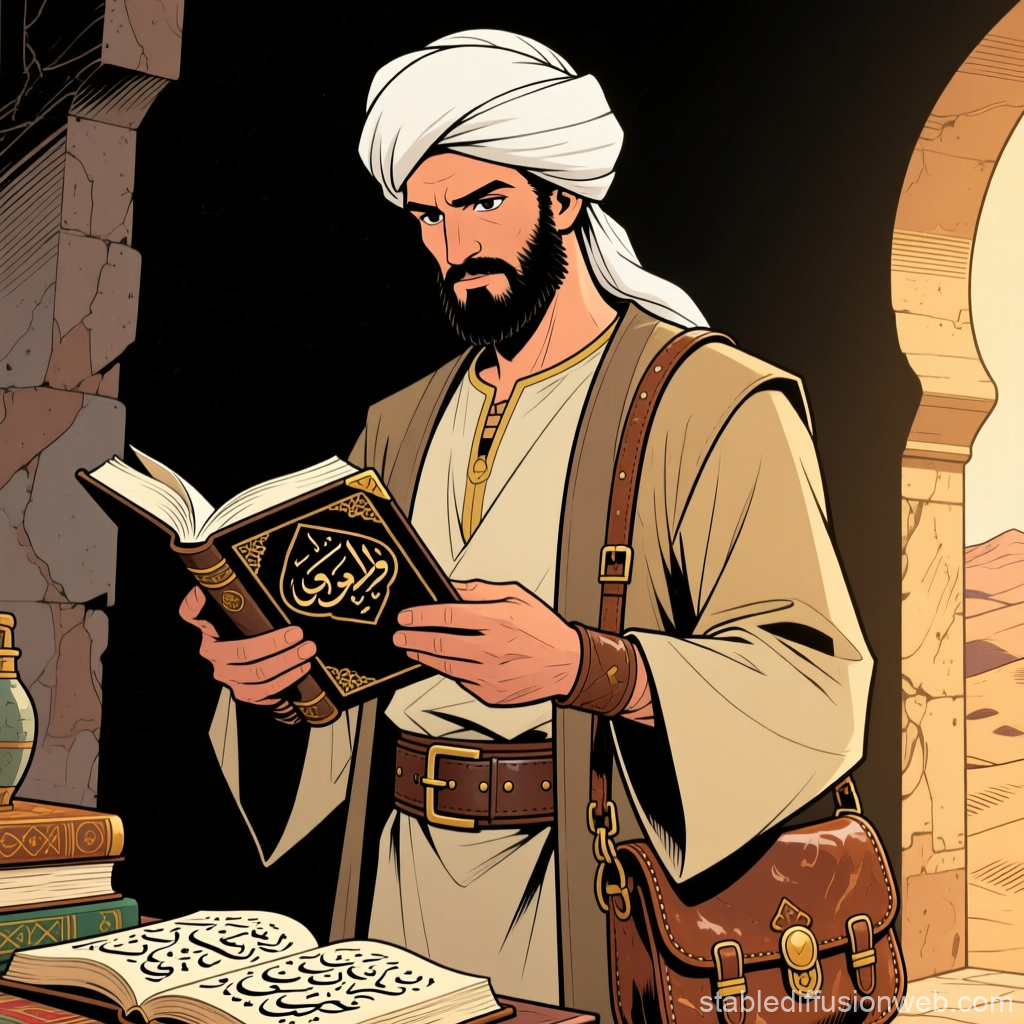 Illustration of a Scholar Reading an Ancient Arabic Book