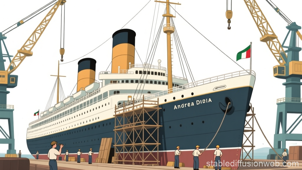 Illustration of Andrea Doria Ship in Genoa Shipyard