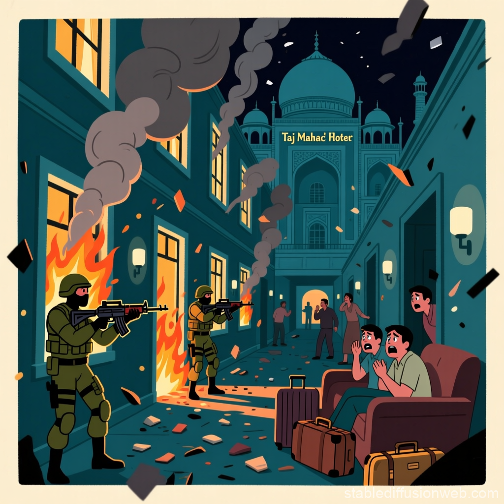 Illustration of Armed Conflict at Taj Mahal Palace Hotel