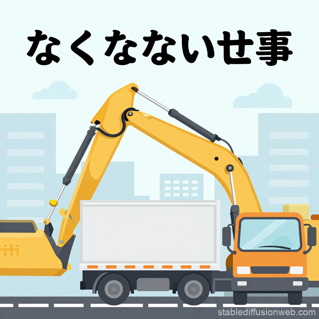 Illustration of Construction Excavator and Truck with Japanese Text