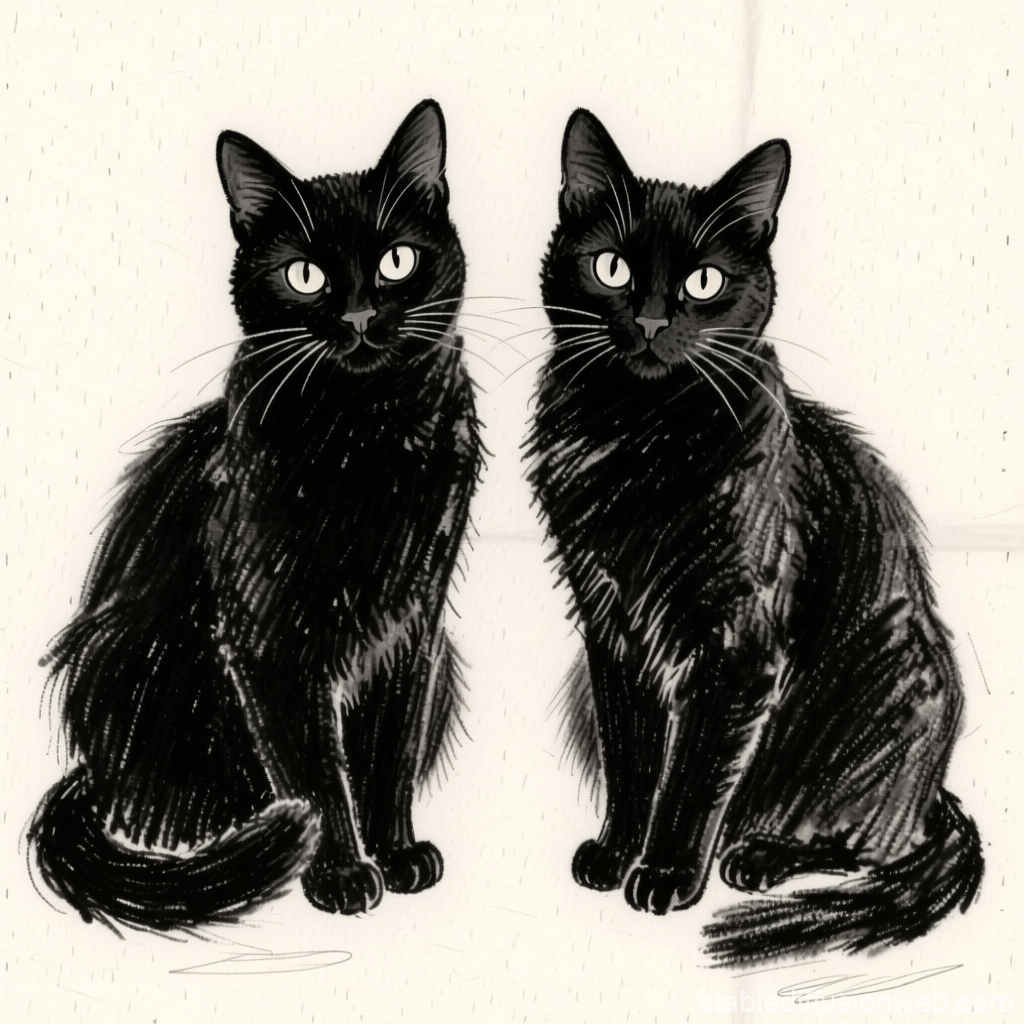 Illustration of Identical Twin Black Cats Sitting Side by Side