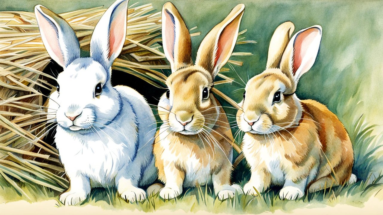 Illustration of Three Rabbits by Haystack