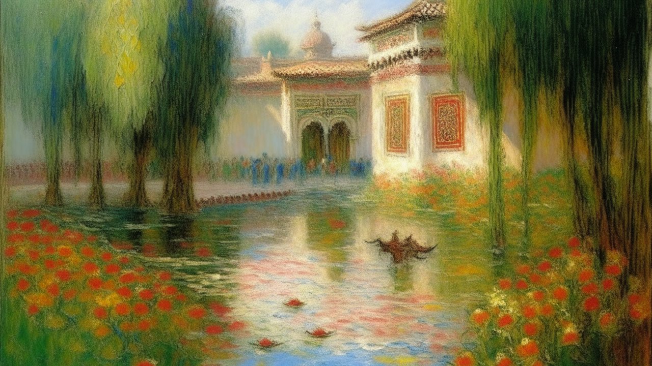 Impressionist Garden with Water and Architecture