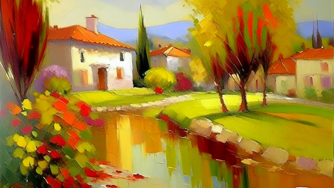 Impressionist Landscape with Village and River