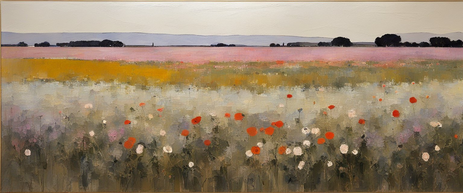 Impressionist Landscape with Wildflowers and Distant Trees