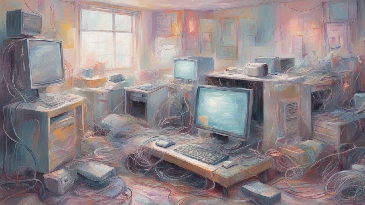 Impressionist Pastel Office with Vintage Computers