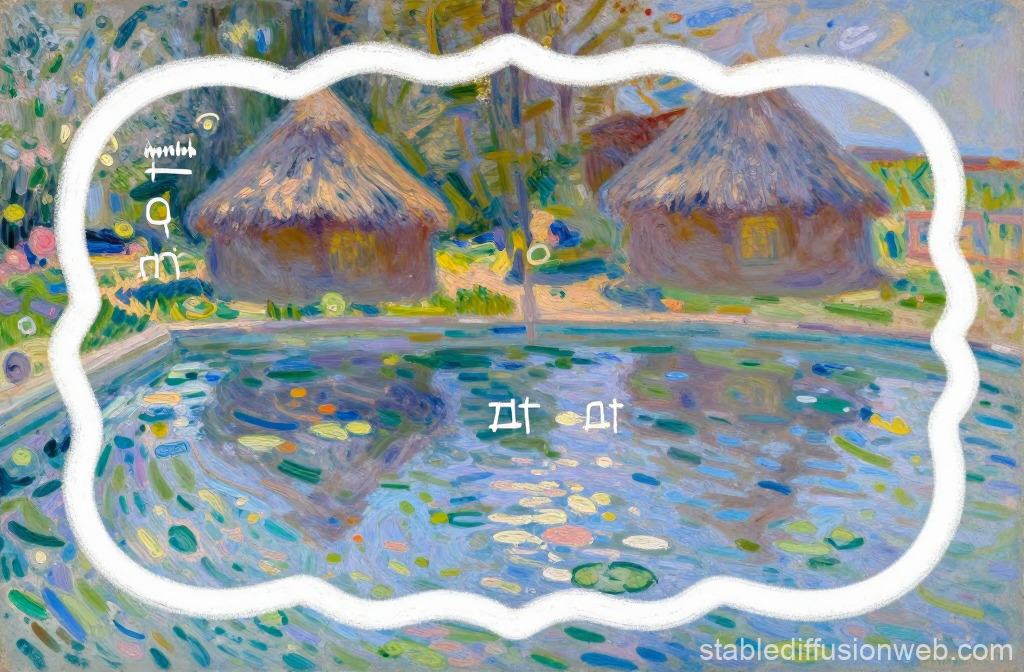 Impressionist Style Pool Scene with Thatched Huts