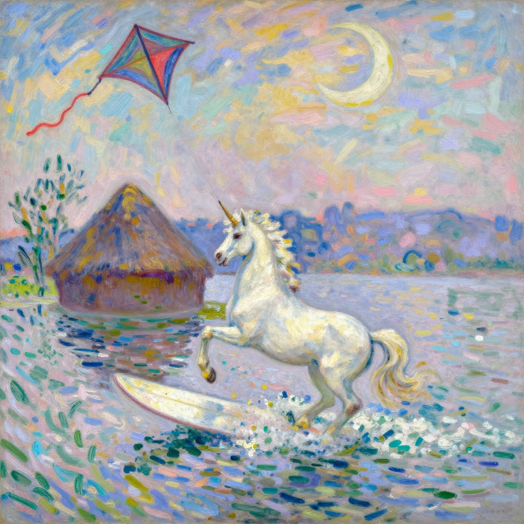 Impressionist Unicorn Surfing at Dusk with Kite and Moon