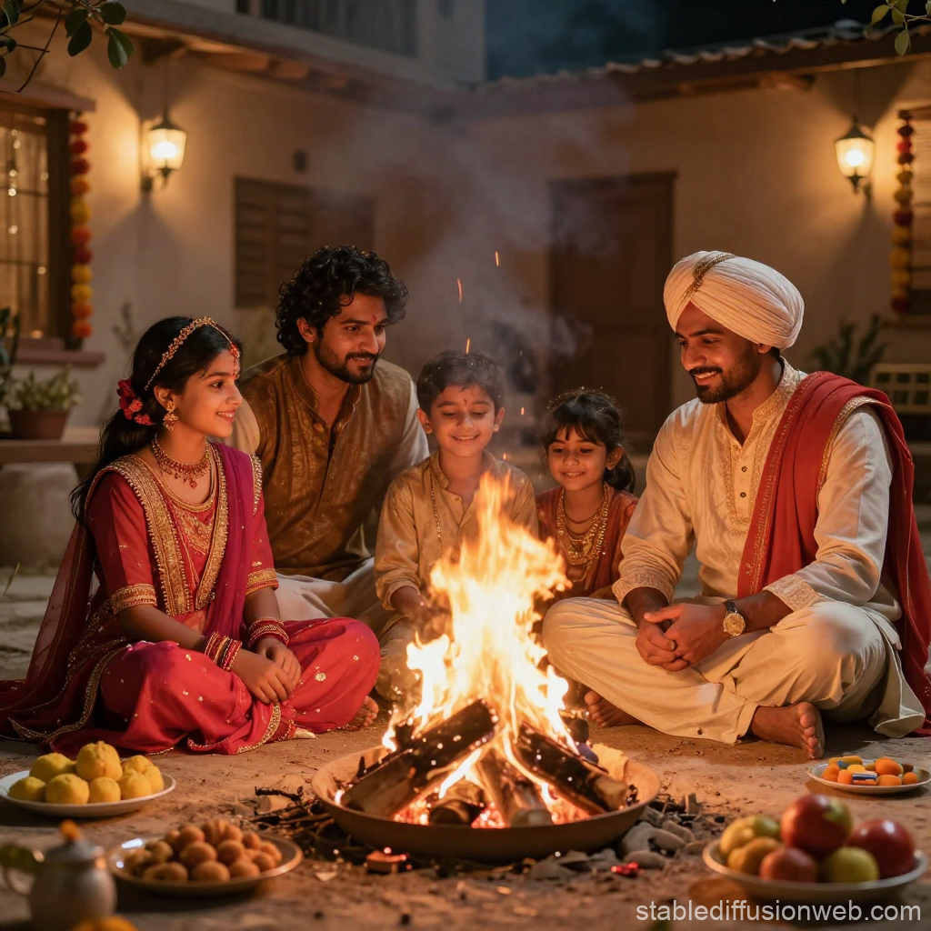 Indian Family Celebrating Lohri Festival Around Bonfire