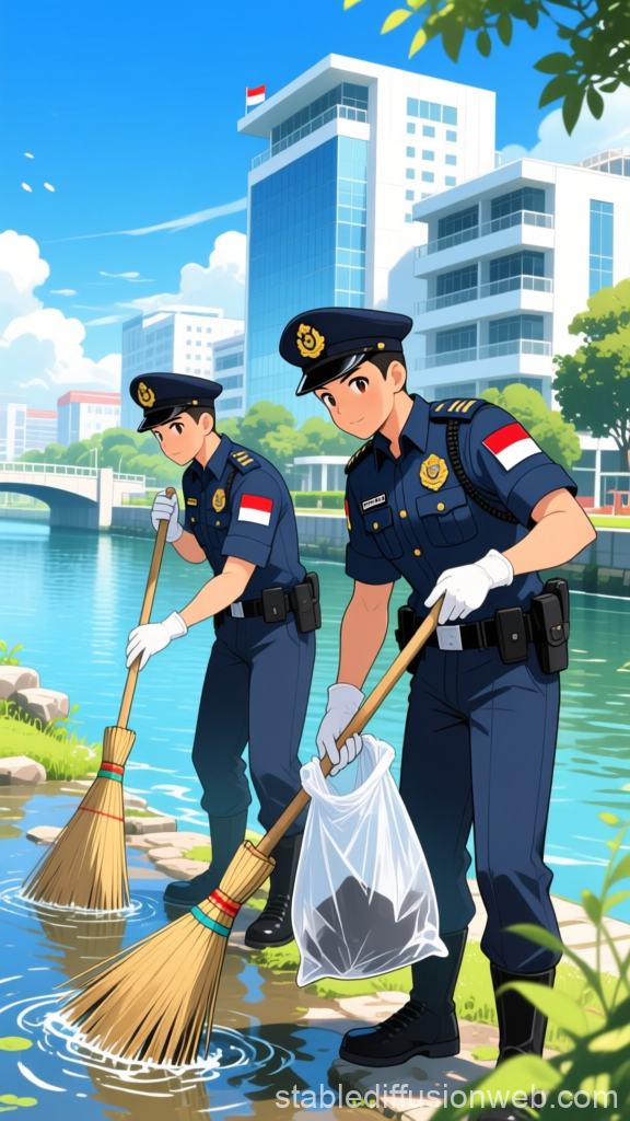 Indonesian Police Officers Cleaning Riverbank in Anime Style