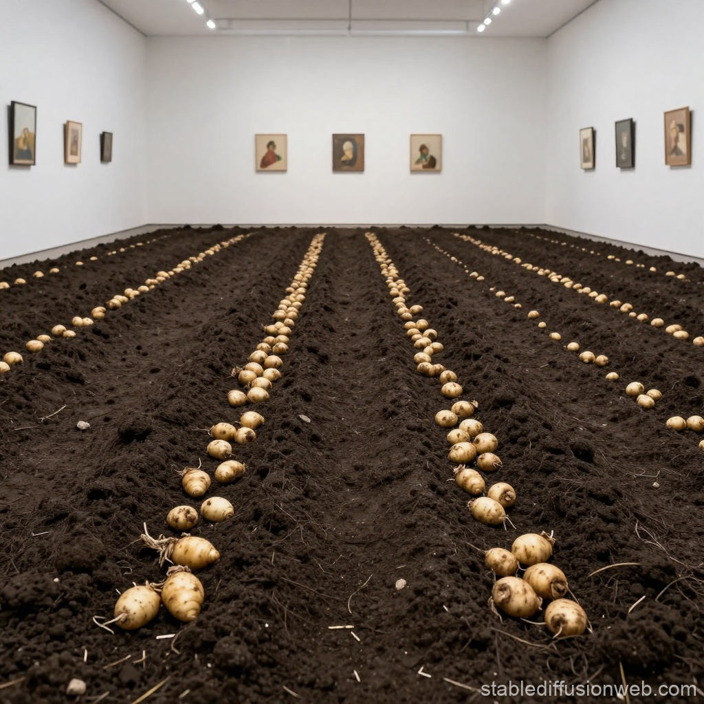 Indoor Art Gallery with Rows of Potatoes in Soil