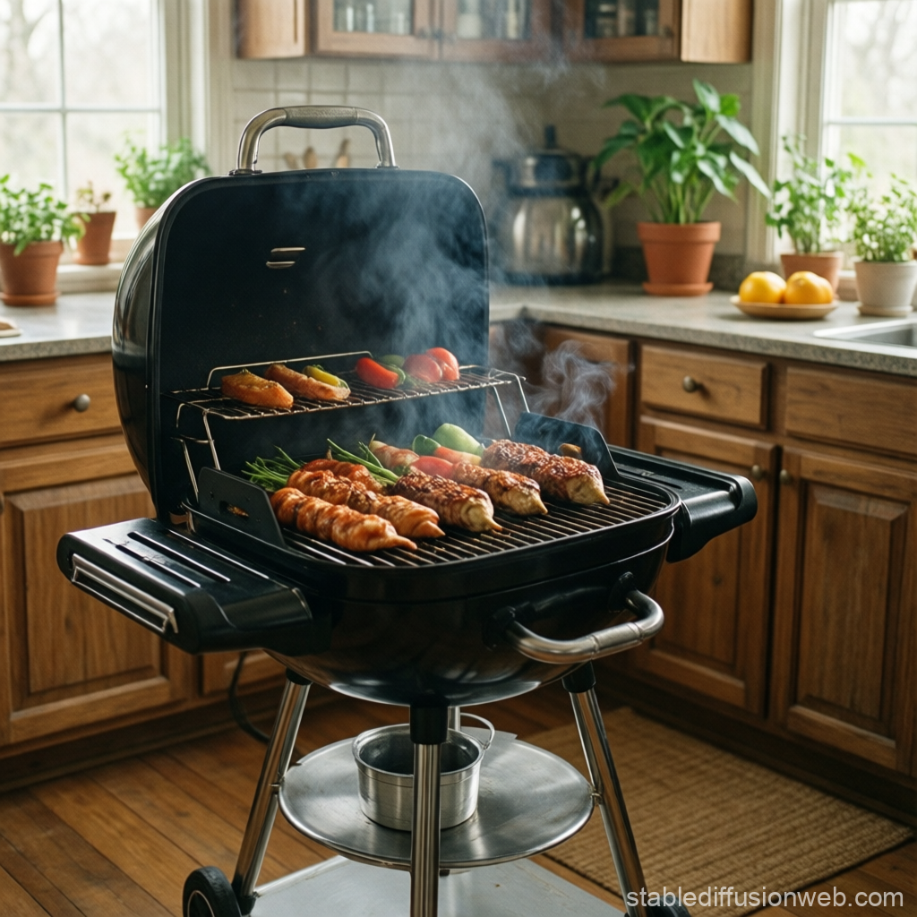 Indoor Grill with Assorted Skewers and Vegetables in Cozy Kitchen