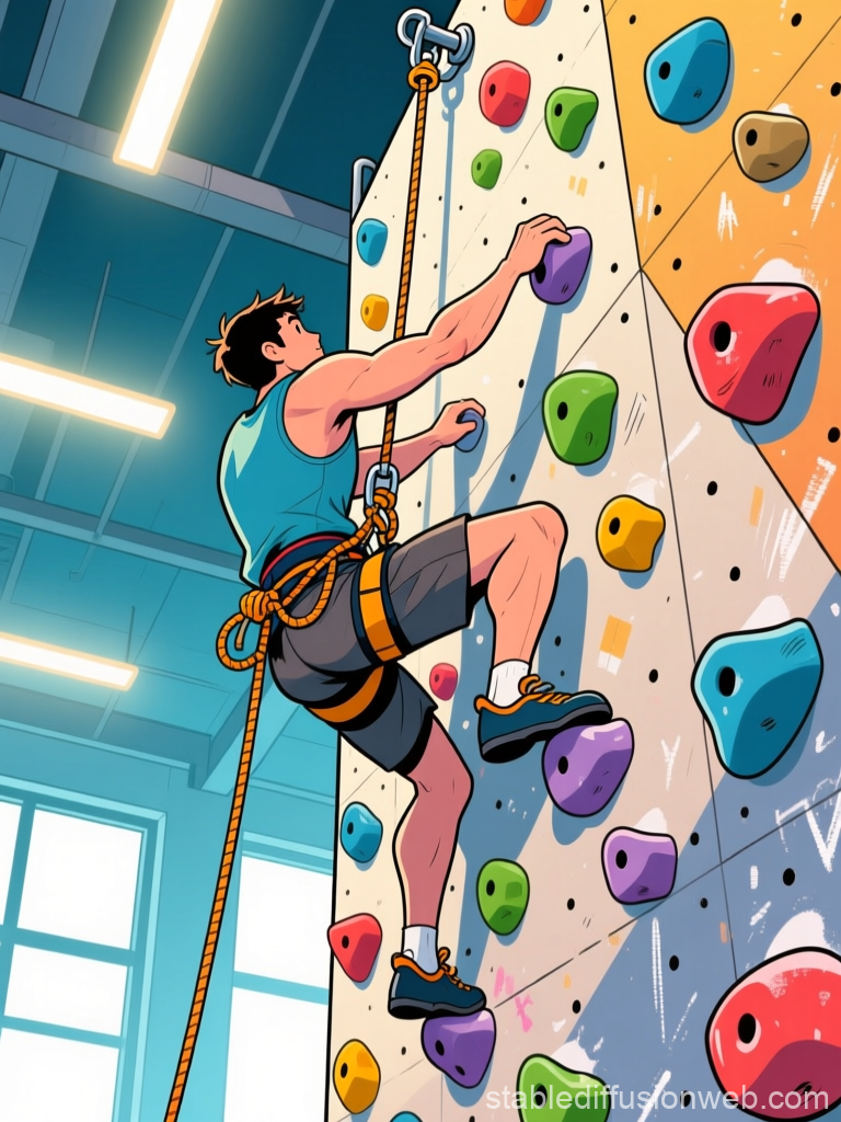 Indoor Rock Climber Scaling Colorful Wall in Gym