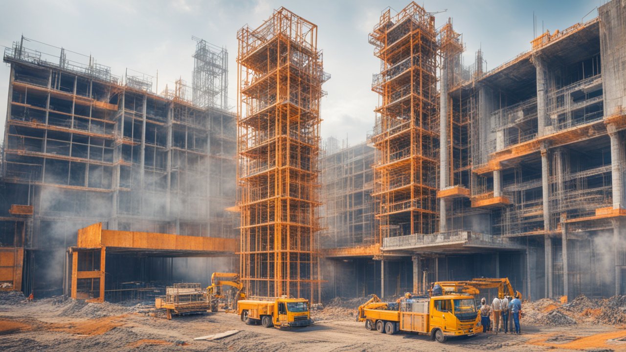 Industrial Building Under Construction with Heavy Machinery